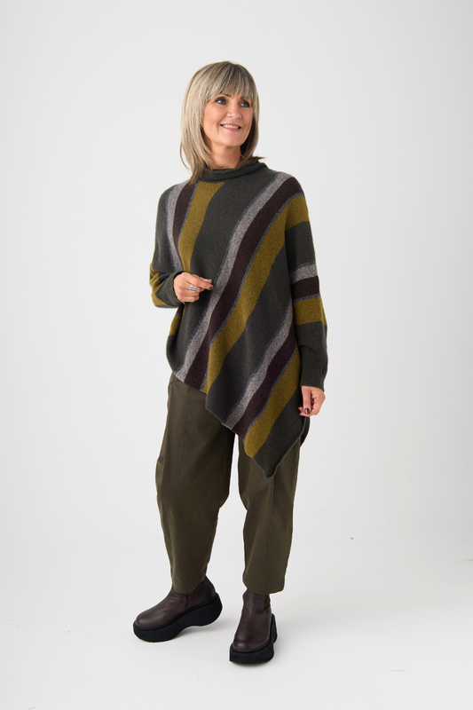 el2 Dark Green Stripe Asymmetric Hem Jumper