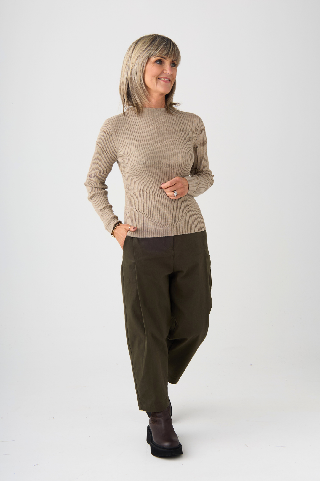 el2 Oatmeal Ribbed Detail Long Sleeve Top