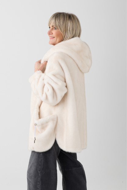 Selena Ecru Hooded Faux Fur Coat
