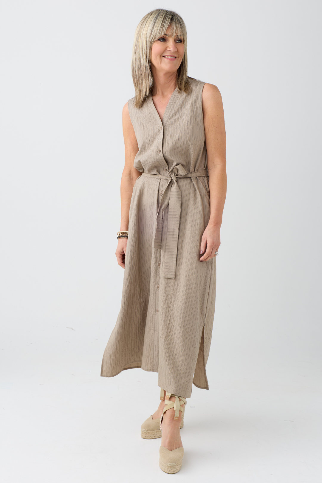 Humility BRITANY Taupe Stripe Sleeveless Dress