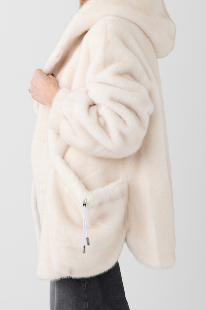Selena Ecru Hooded Faux Fur Coat