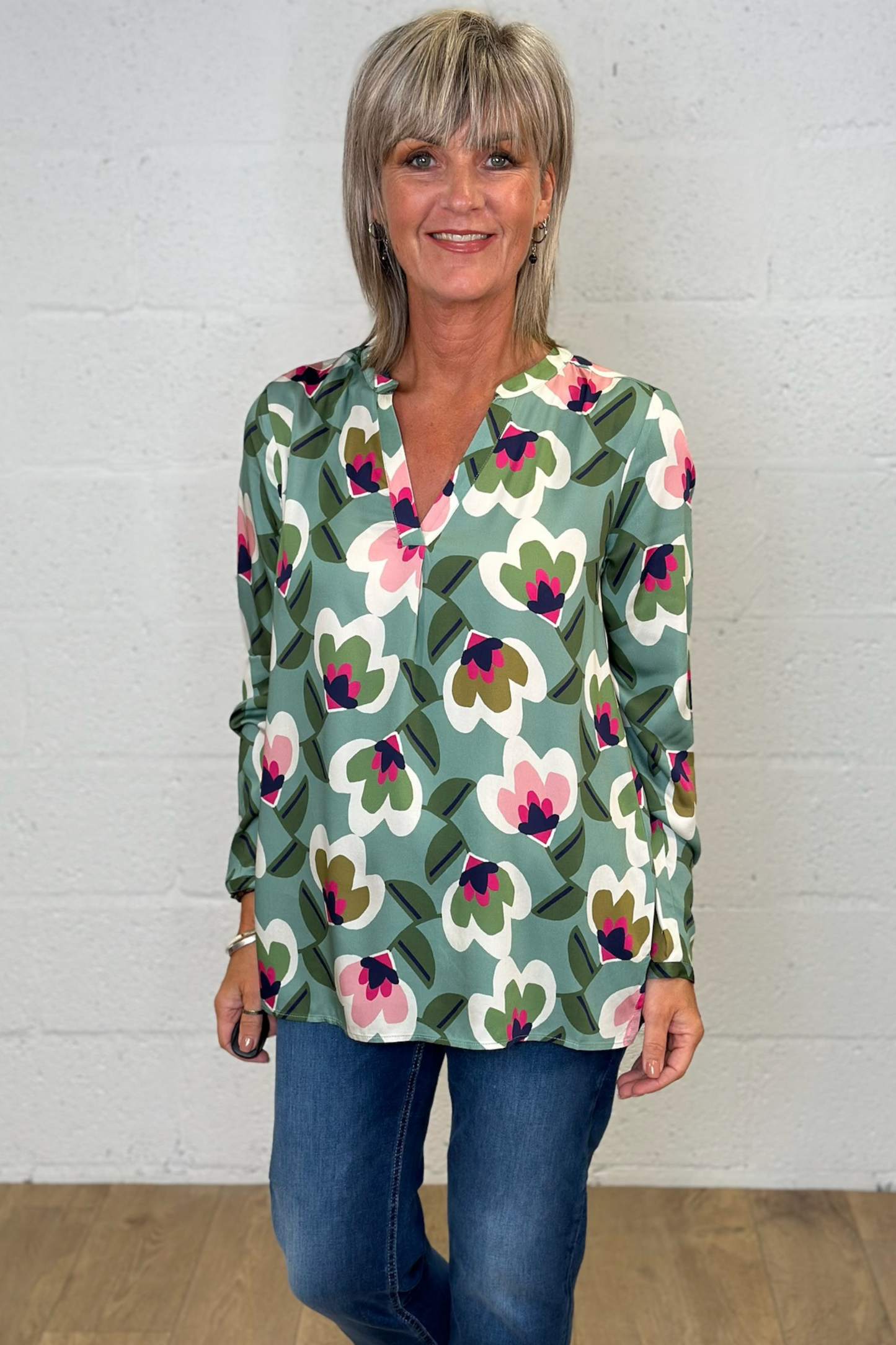 Milano Sage Print Blouse with V Neck