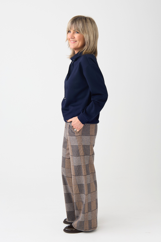 Brax Maine Brown/Blue Check Wide Leg Trouser