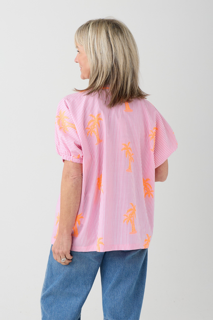 Milano Pink Stripe/ Neon Palm Tree Blouse