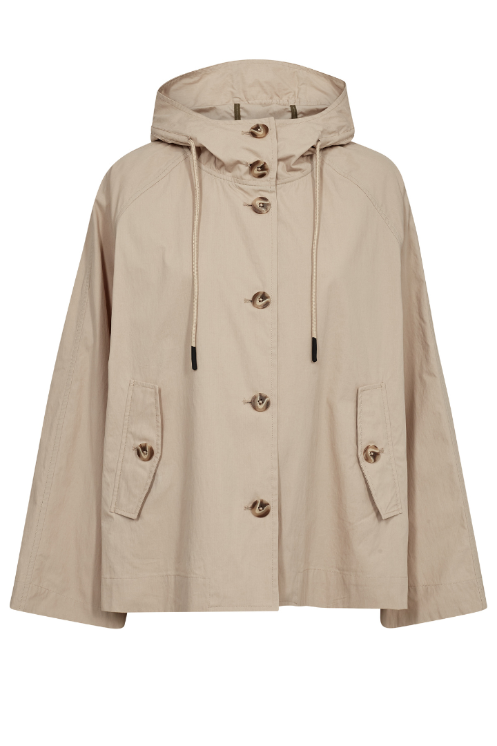 Beige hooded jacket with button details on a white background