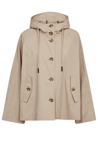 Beige hooded jacket with button details on a white background