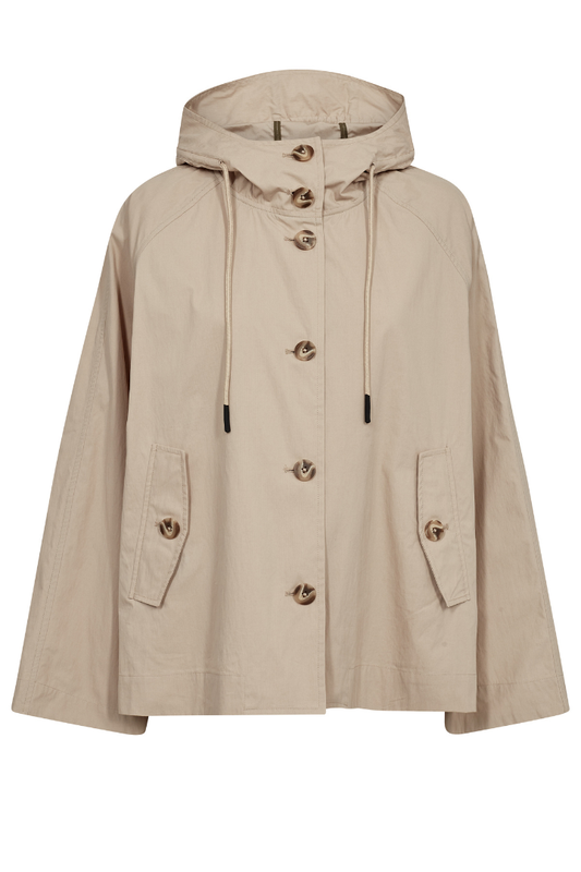 Beige hooded jacket with button details on a white background