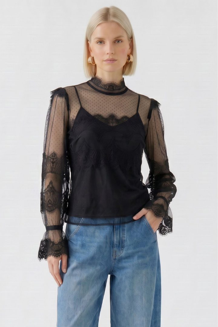 Oui Black Dotted Tulle/Lace Blouse
