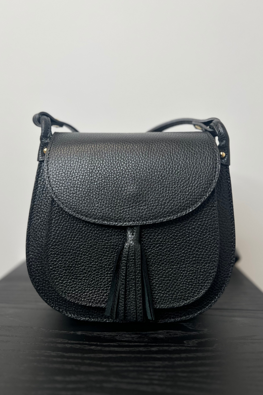 Italian Black Saddle Crossbody Bag with Tassel