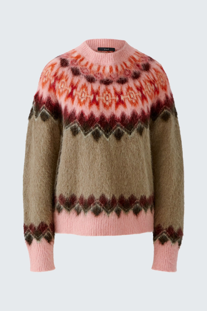 Oui Rose/Brown Jacquard Pattern Jumper
