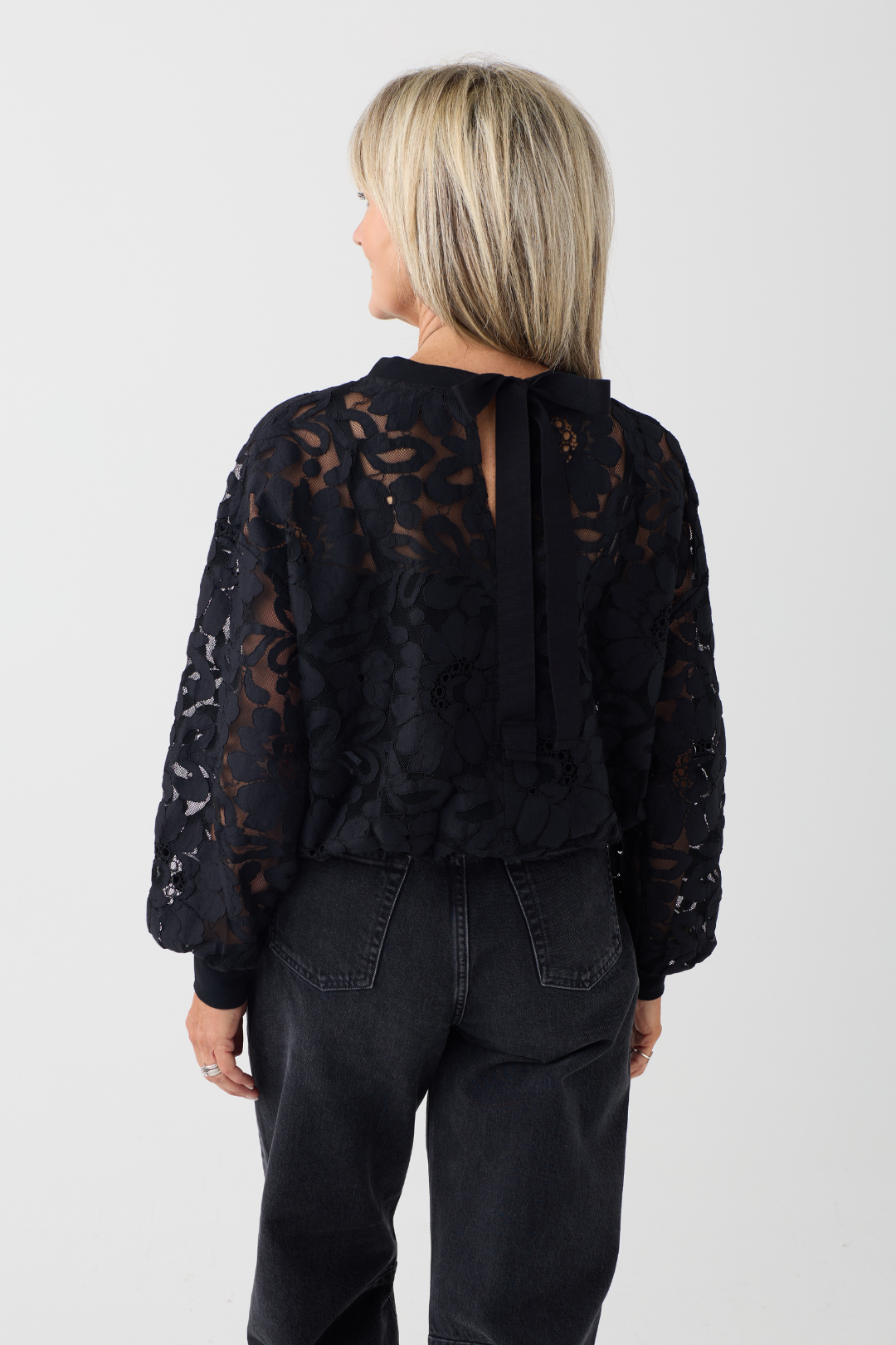 Oui Black Lace Detail Tie Neck Top