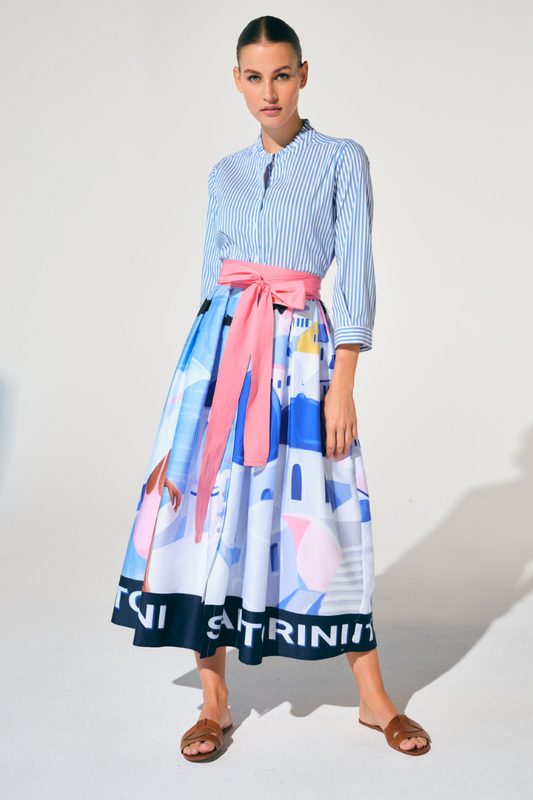 Milano Santorini Stripe & Multi Print Dress /Frill Collar