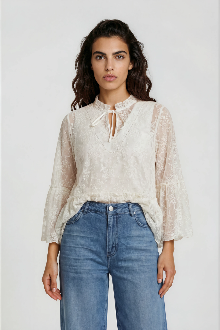 Milano Cream Lace Ruffle Neck Blouse