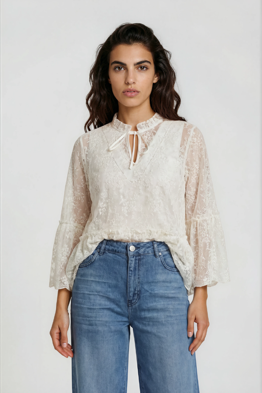 Milano Cream Lace Ruffle Neck Blouse