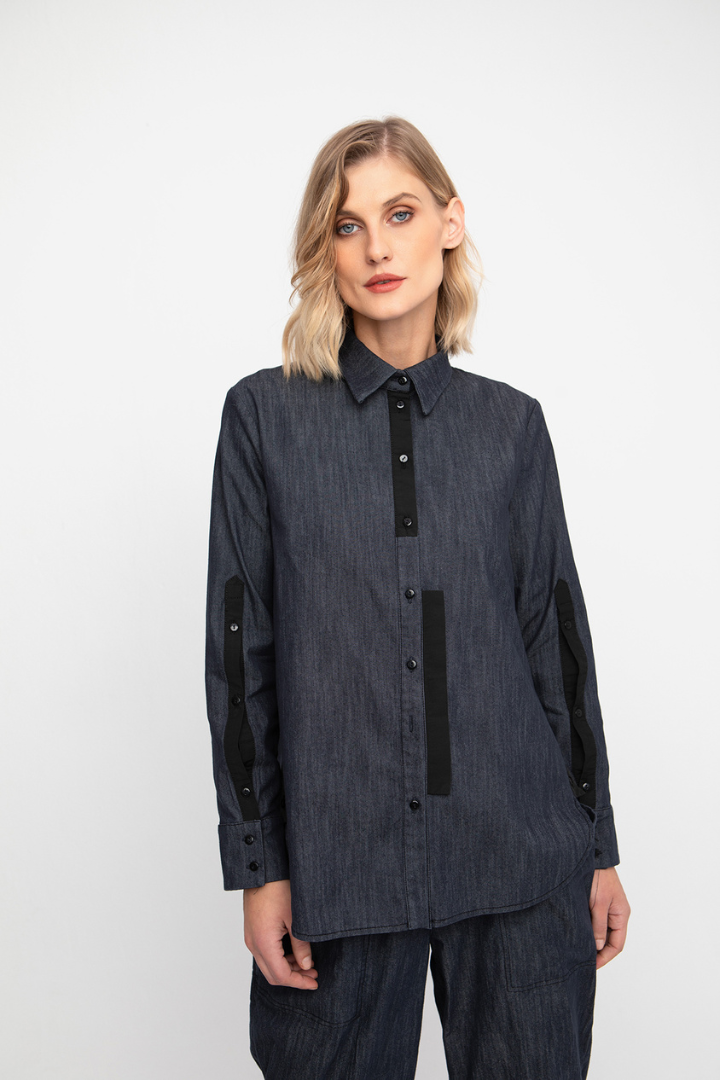 Ozai n Ku Denim shirt with Black Tape Detail