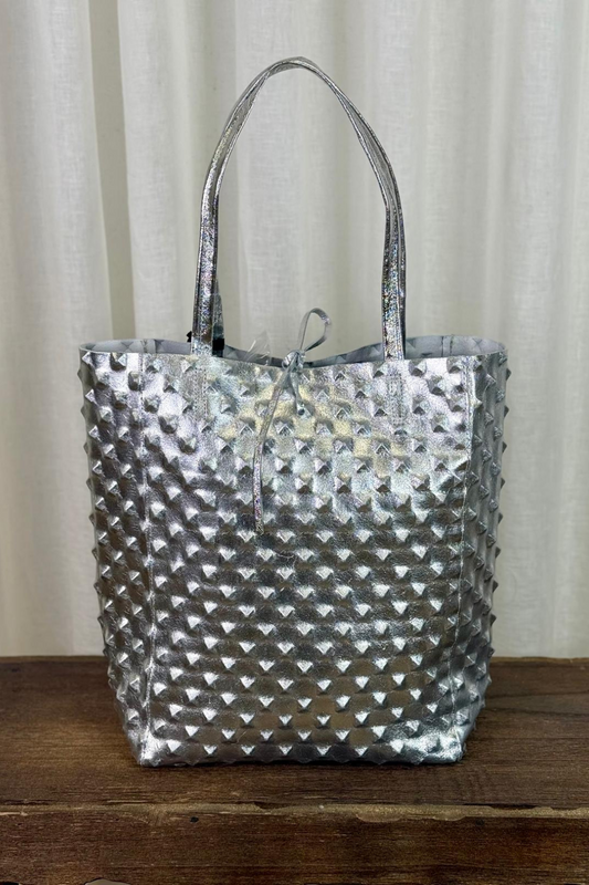 Italian Leather Metallic Silver Punk Shopper Bag