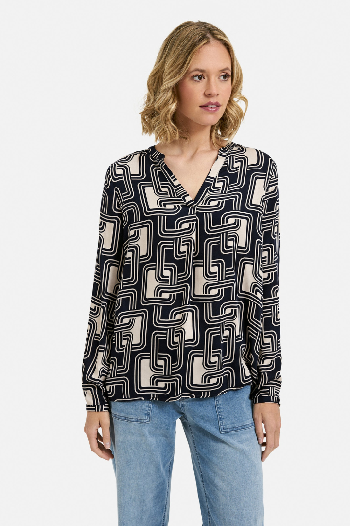 Milano Navy Print V Neck Blouse