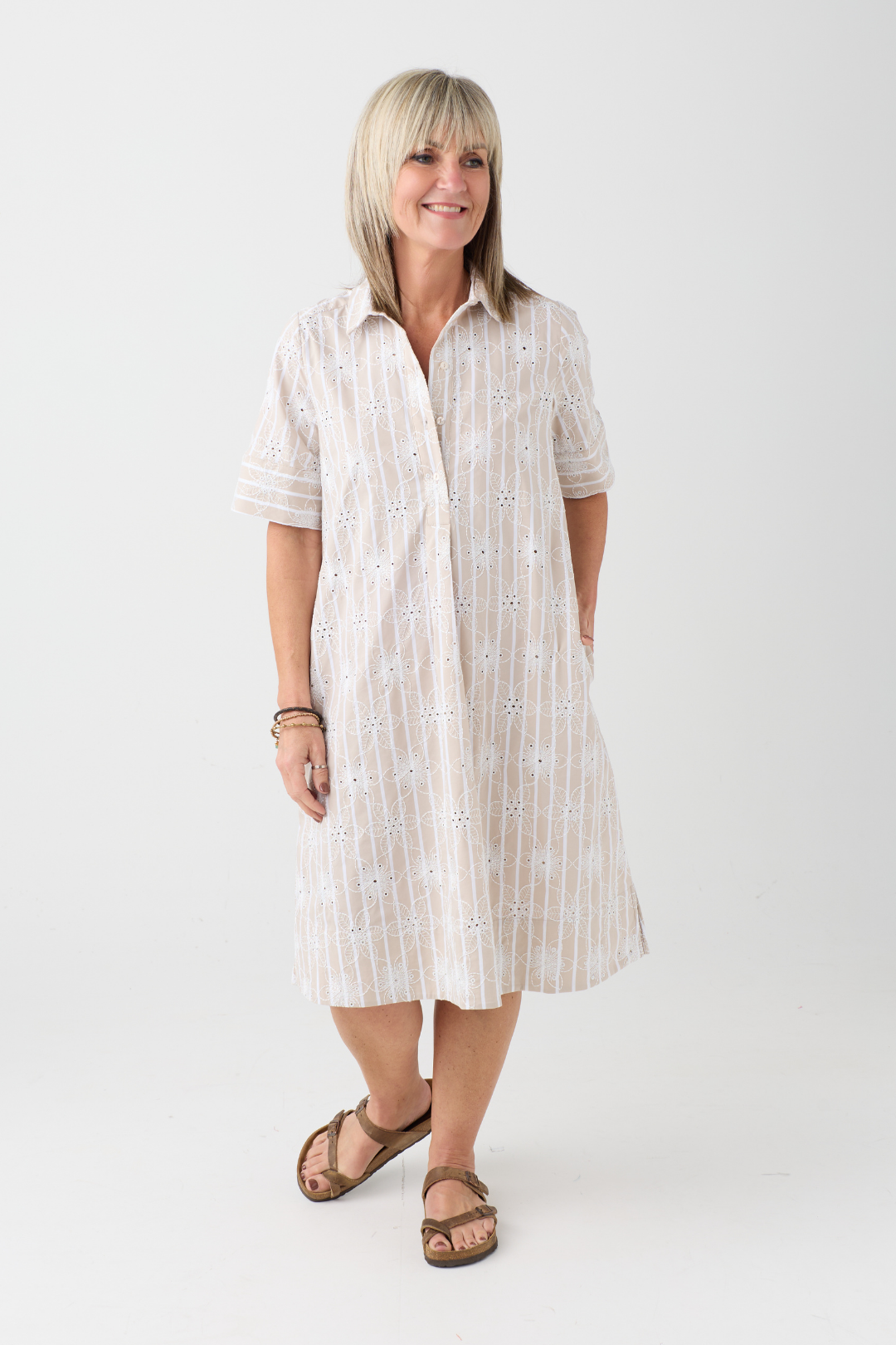 Milano Natur Stripe/Floral Embroidery Dress