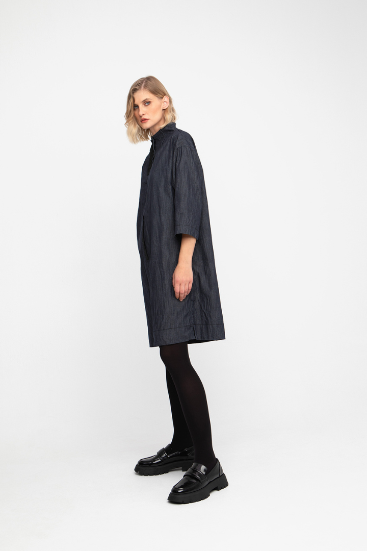 Ozai n Ku Denim Wide Neck Dress - Black Tape Detail