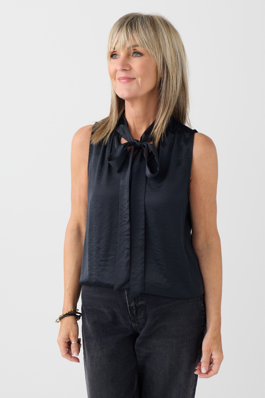 Oui Black Sleeveless Tie Neck Top