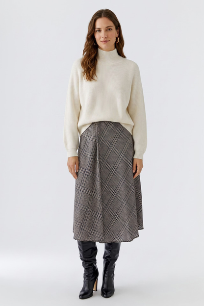 Oui Off White/Brown Check Skirt