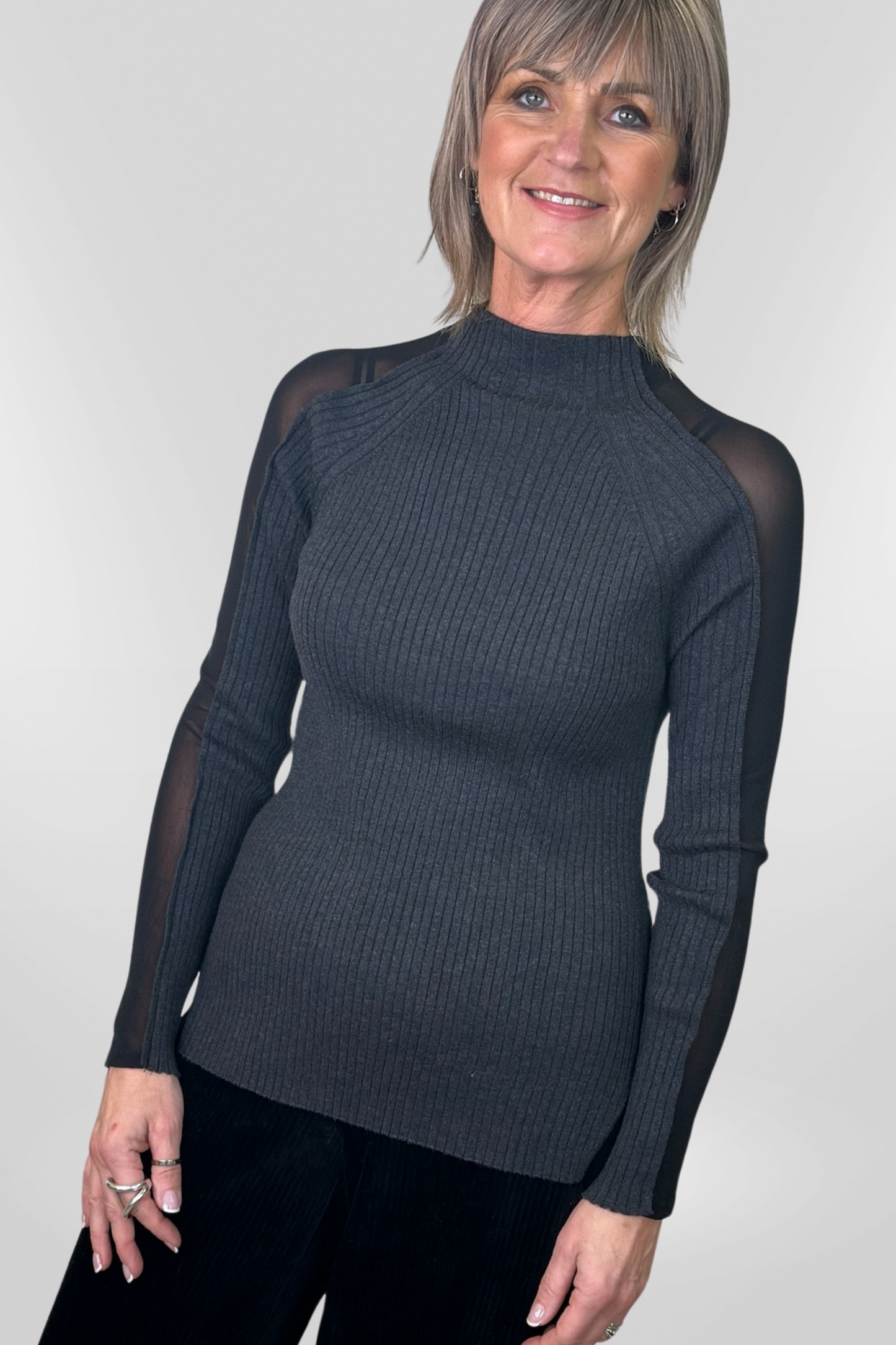 el2 Charcoal Fine Ribbed Jumper with Black Mesh Panel Sleeve