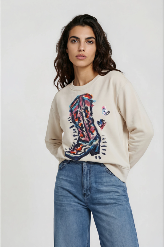 Milano Cream Cowboy Boot Print Sequin Sweatshirt