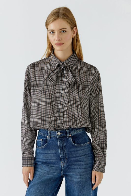 Oui Off White/Brown Check Bow Blouse