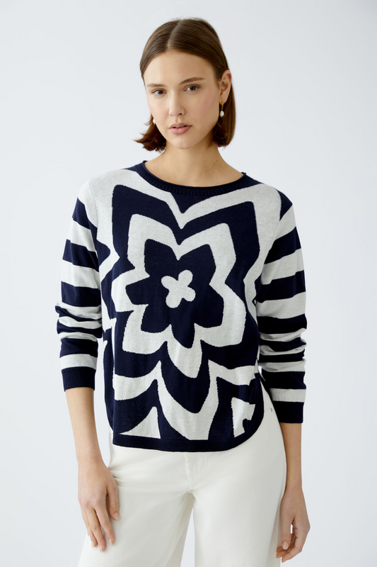 Oui Dark Blue/White Flower/Stripe Jumper