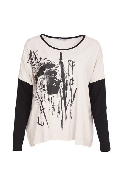 Naya Sand & Black Placement Print Top/Contrast Sleeve