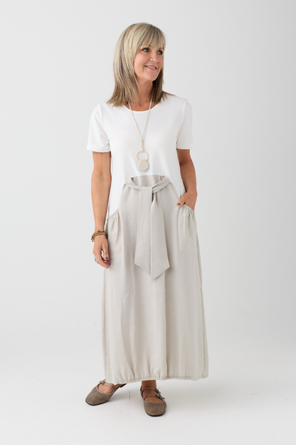Naya Off White/Ash Contrast Tie Waist Dress