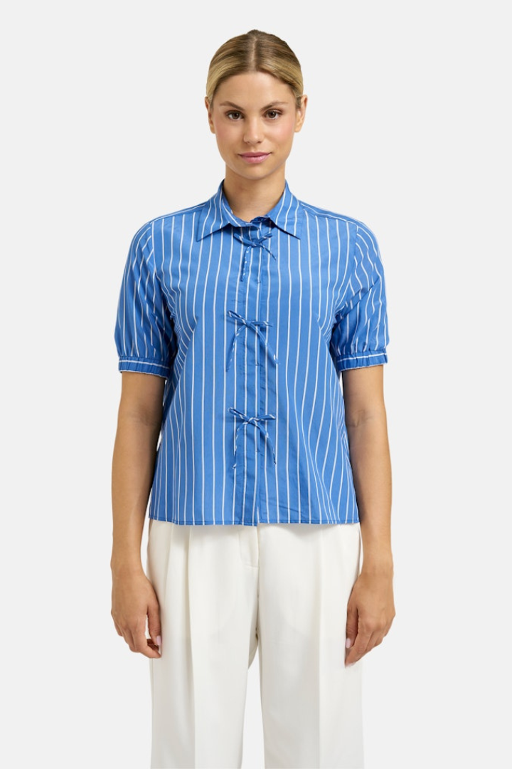 Milano Blue Print Stripe Bow Blouse