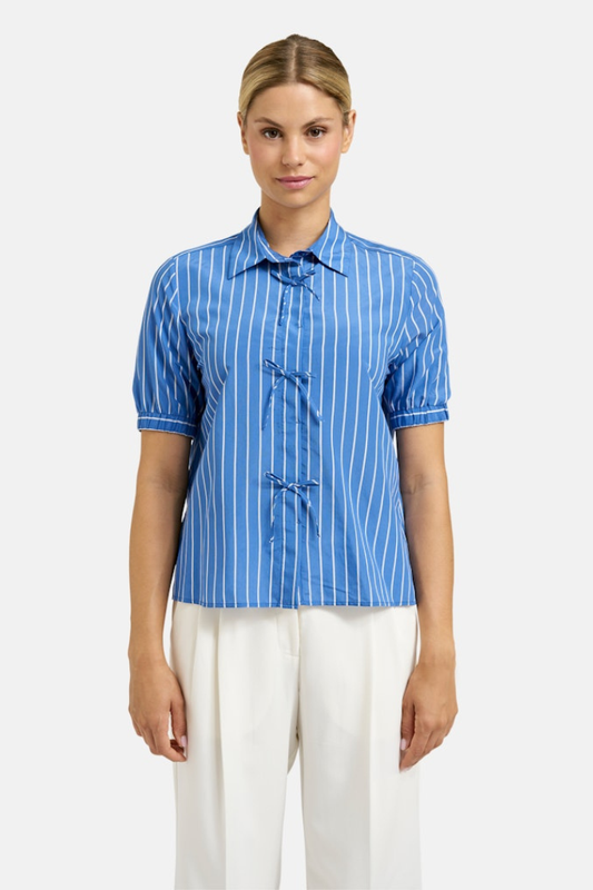 Milano Blue Print Stripe Bow Blouse