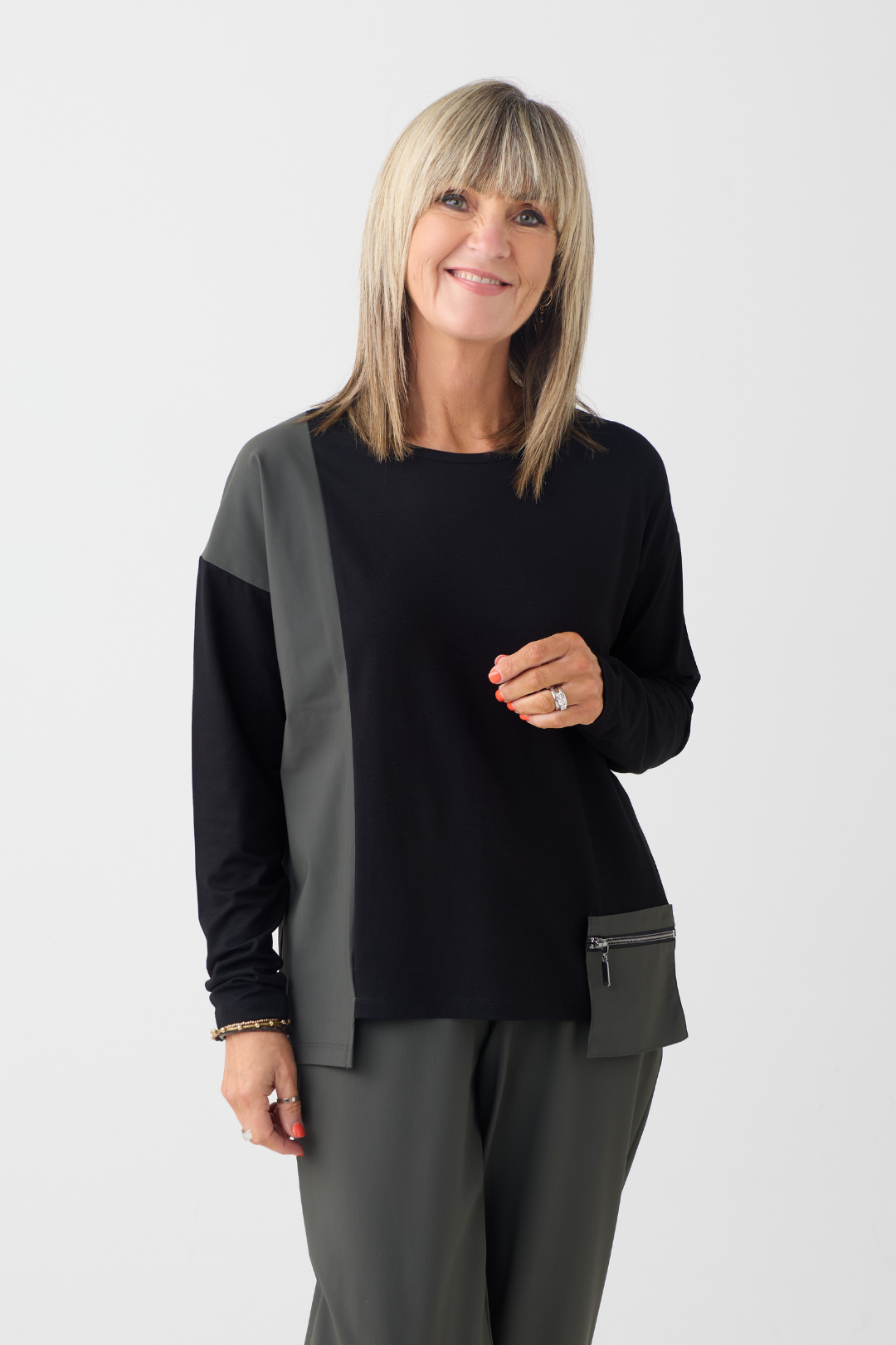 Naya Black/Thyme Zip Pocket Top