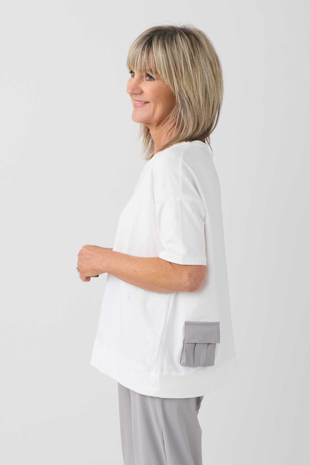 Naya Off White/Taupe Contrast Pocket Top