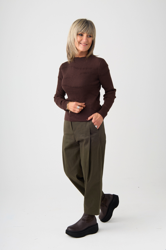el2 Brown Ribbed Detail Long Sleeve Top