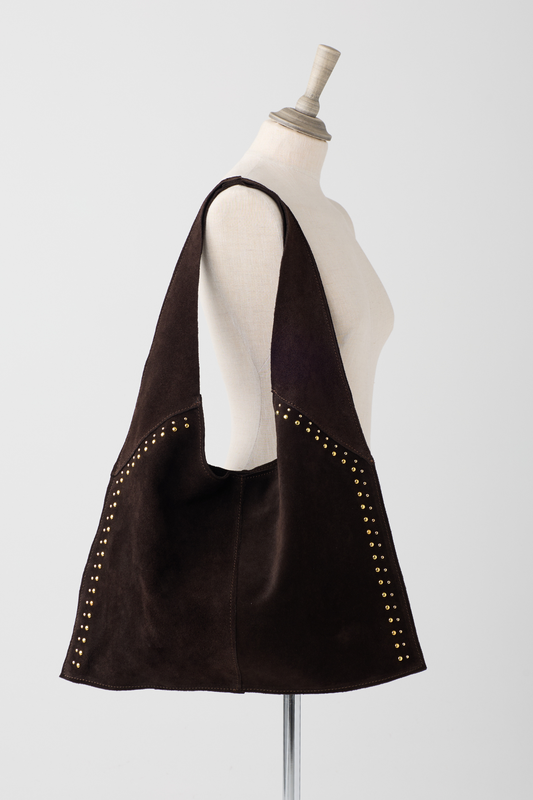Chocolate Suede Shopper Bag w/Side Studs