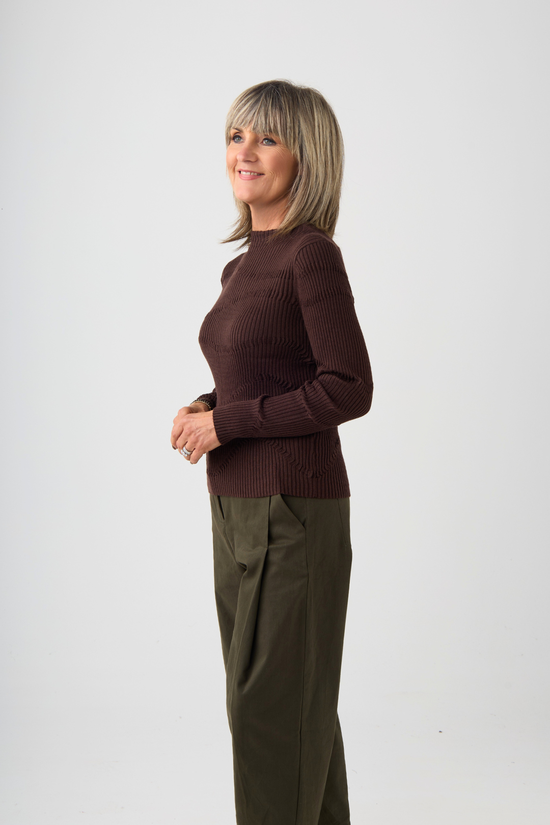 el2 Brown Ribbed Detail Long Sleeve Top