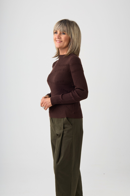 el2 Brown Ribbed Detail Long Sleeve Top