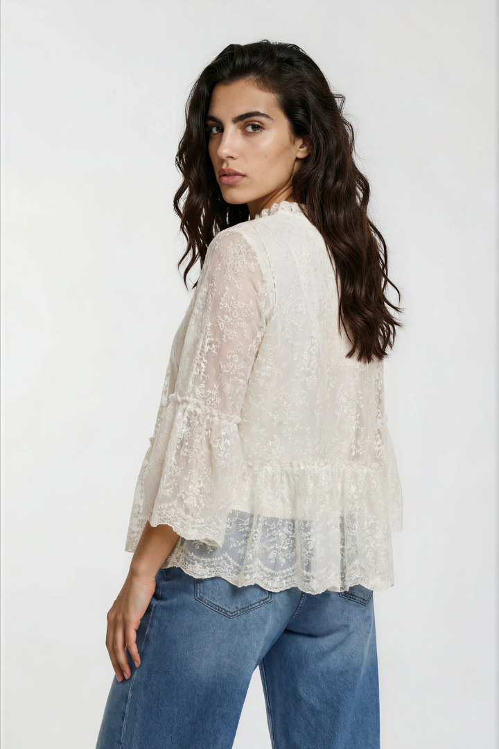 Milano Cream Lace Ruffle Neck Blouse