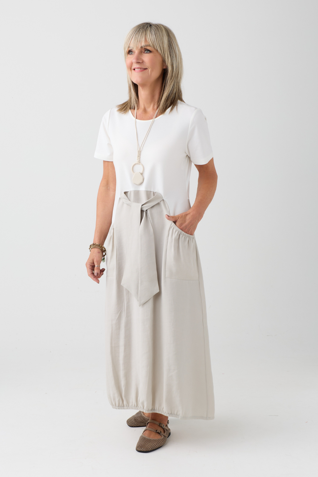 Naya Off White/Ash Contrast Tie Waist Dress