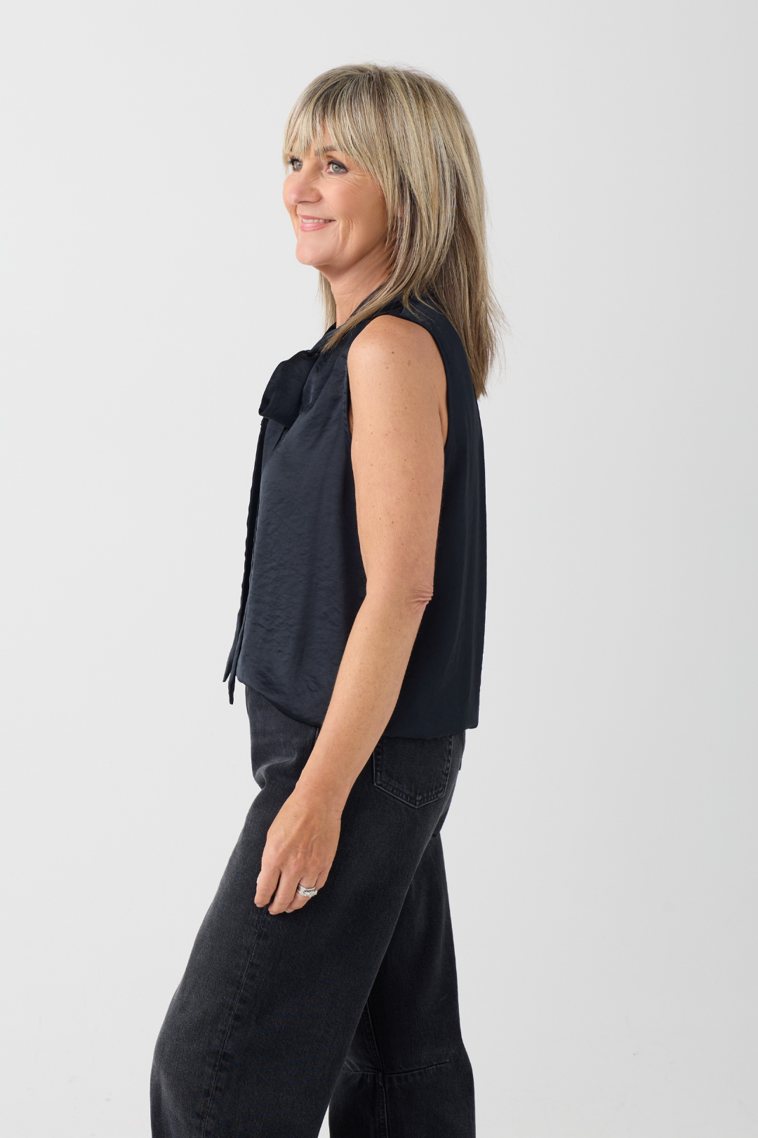Oui Black Sleeveless Tie Neck Top