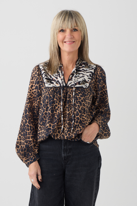 Oui Camel/Grey Animal Print Blouse