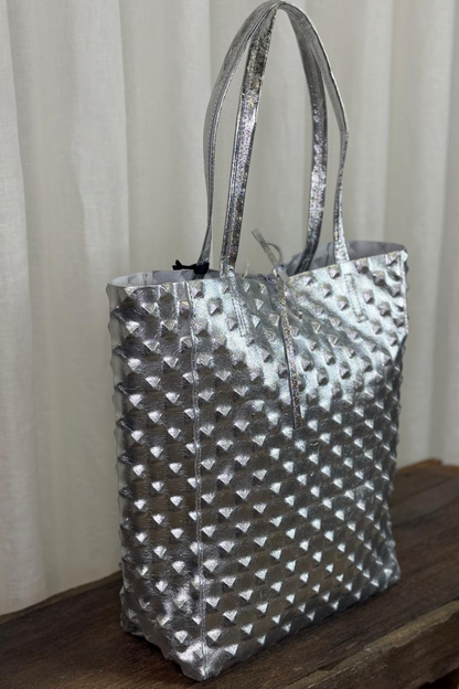 Italian Leather Metallic Silver Punk Shopper Bag