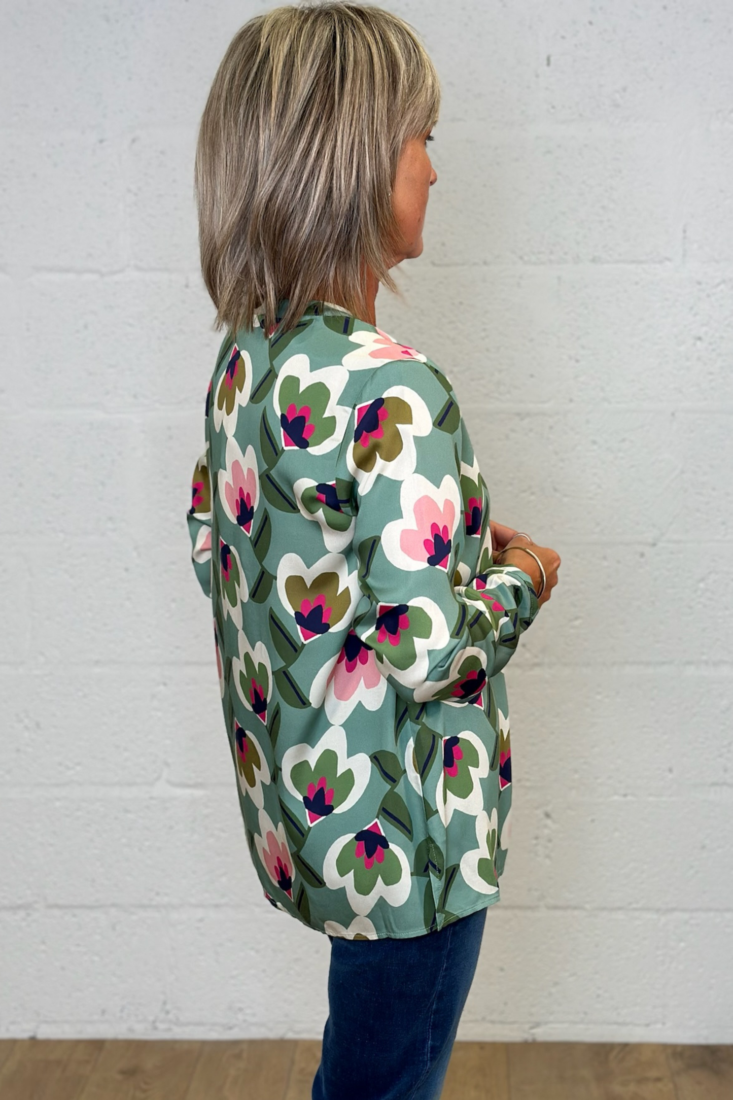 Milano Sage Print Blouse with V Neck