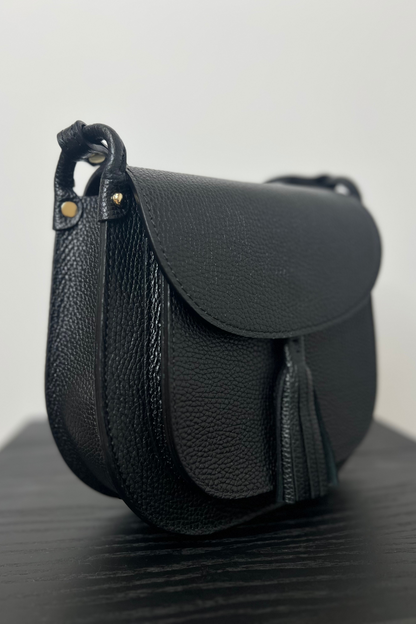 Italian Black Saddle Crossbody Bag with Tassel