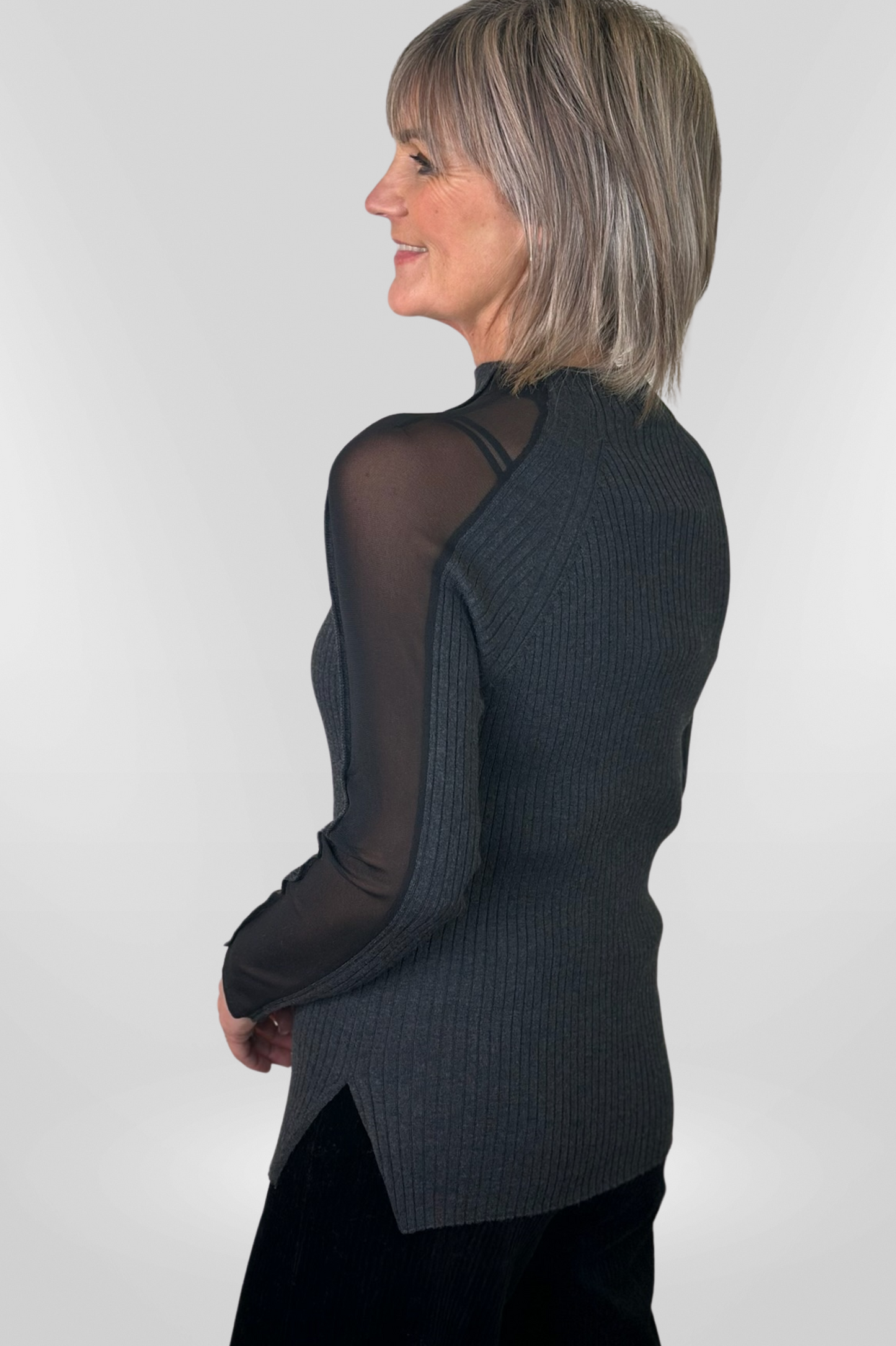 el2 Charcoal Fine Ribbed Jumper with Black Mesh Panel Sleeve