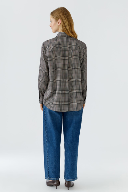 Oui Off White/Brown Check Bow Blouse