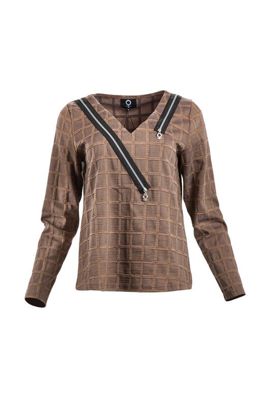 My Soul Bubble Cognac V Neck Top with Zips