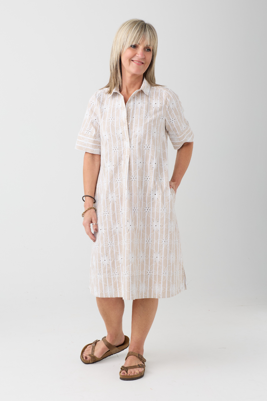 Milano Natur Stripe/Floral Embroidery Dress